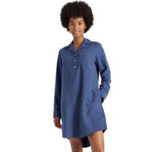 Levi's Night Gown XS Women's Blue Long Sleeve Polka Dot Woven Sleep Shirt Pocket